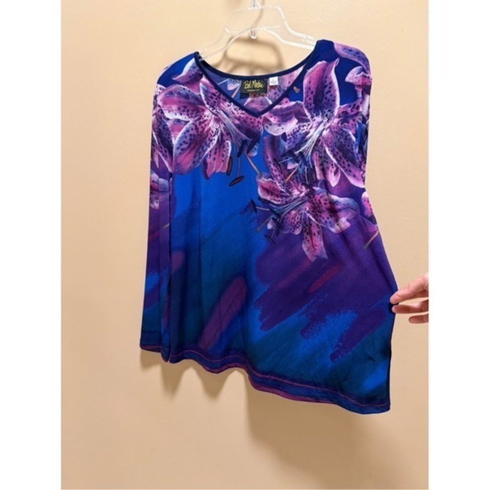 Bob Mackie Wearable Art Floral Long Sleeve Blouse Blue Purple Jersey Knit Lg - Picture 9 of 15